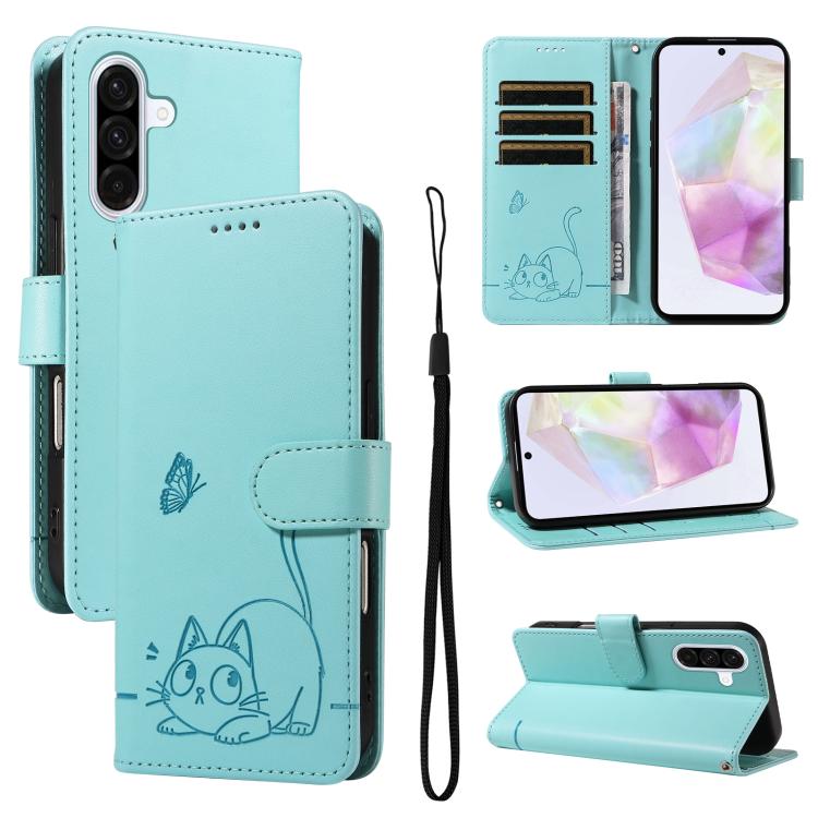 Funda de cuero con tapa y estampado de gato adorable para Samsung Galaxy A36 5G / M56 5G (verde)