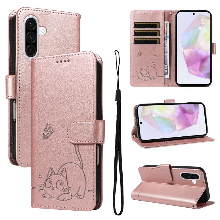 Funda de cuero con tapa y estampado de gato adorable para Samsung Galaxy A36 5G / M56 5G (oro rosa)