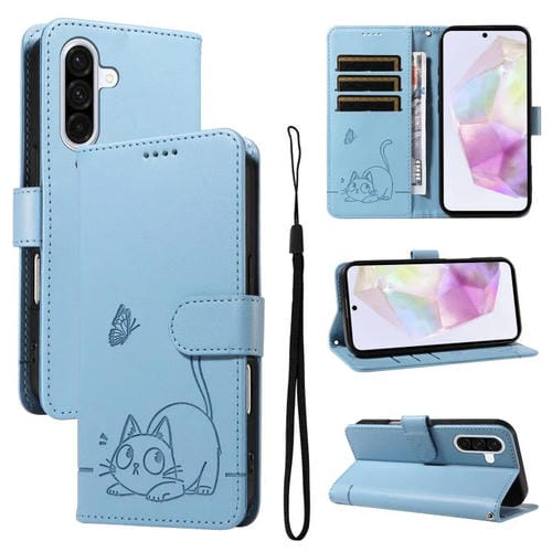 Funda de cuero con tapa y estampado de gato adorable para Samsung Galaxy A56 5G (azul cielo)