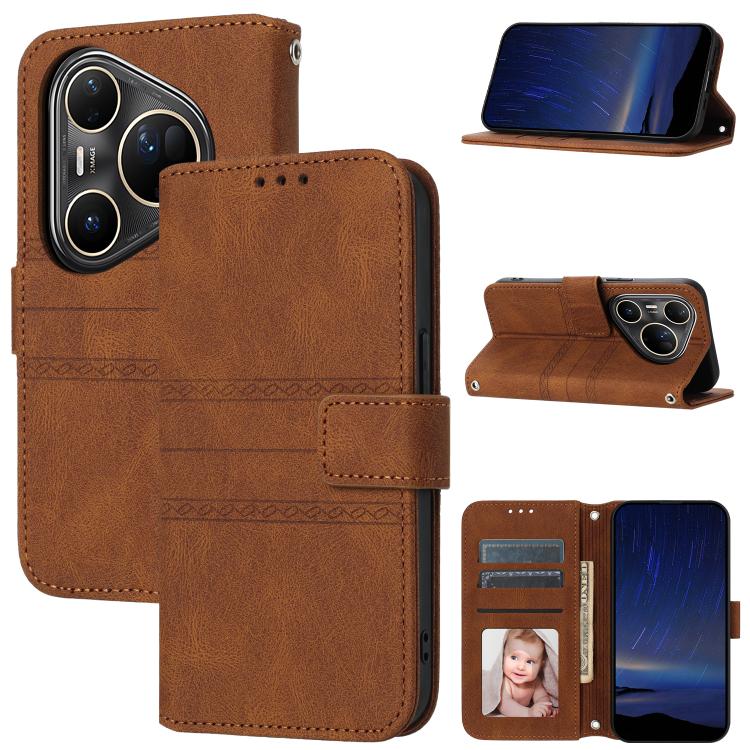 Funda de cuero con textura de rayas en relieve para Huawei Pura 80 Ultra 5G (marrón)