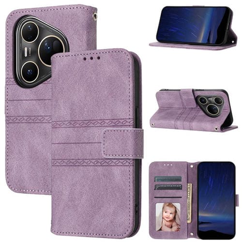 Funda de piel sintética con diseño de rayas en relieve para Huawei Pura 80 Ultra 5G (morado claro)