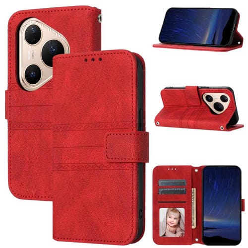 Funda de piel sintética con diseño de rayas en relieve para Huawei Pura 80 5G (roja)