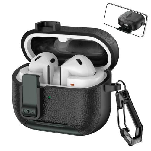 Funda de cuero con textura para auriculares inalámbricos Samsung Galaxy Buds 3/Buds 3 Pro, con gancho y soporte (negro y verde militar)
