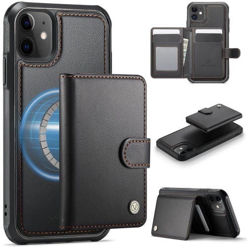Funda de cuero con hebilla magnética para iPhone 11 JEEHOOD J09, con ranuras para tarjetas, estilo RFID y MagSafe (negro)
