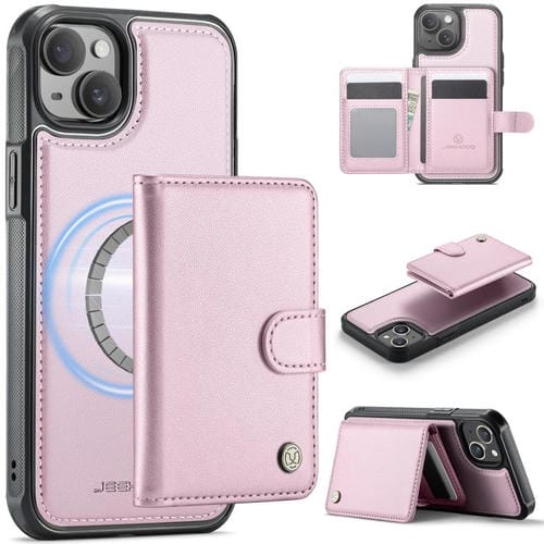 JEEHOOD J09 - Funda de cuero con hebilla para iPhone 15 Plus/14 Plus, estilo magnético, RFID, MagSafe (rosa)