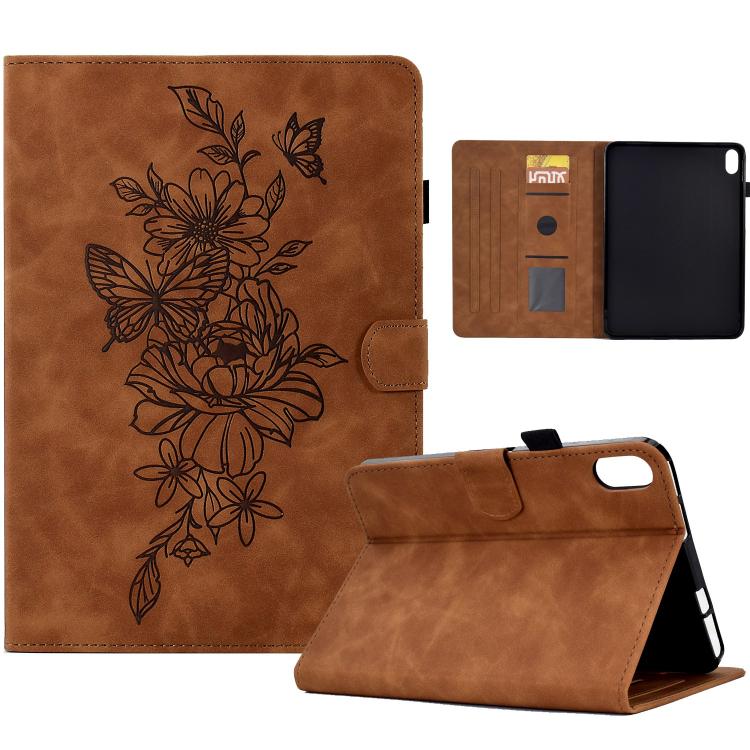 Funda de cuero con relieve de mariposa peonía para Xiaomi Redmi Pad 2 (marrón)