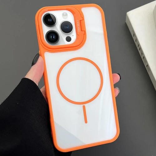 Funda magnética MagSafe para iPhone 12 Pro con soporte para lente de PC (naranja)