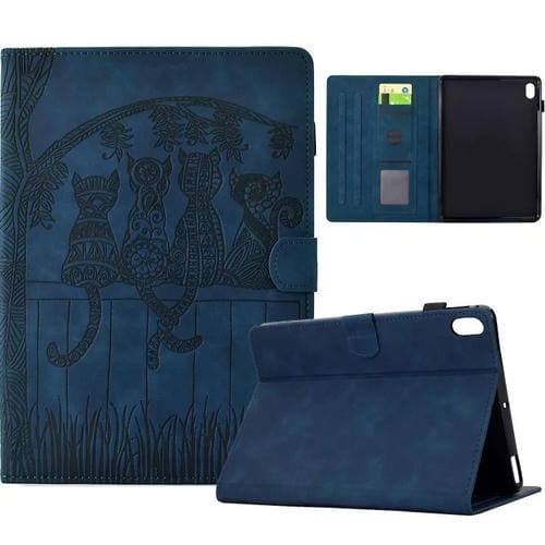 Funda de piel con relieve de gato para Xiaomi Redmi Pad 2 (azul oscuro)