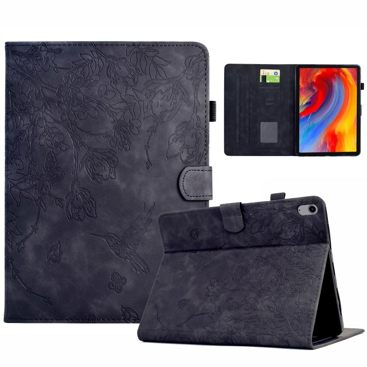 Funda de cuero inteligente con estampado de flores y pájaros para Xiaomi Redmi Pad 2 (negra)