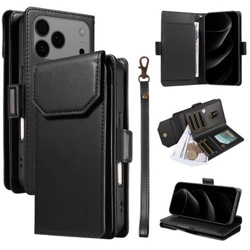 Funda de cuero con tarjetero para iPhone 17 Pro Max con correa (negra)