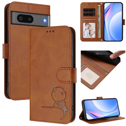 Funda de cuero con relieve RFID y cordón para Google Pixel 7 (marrón)