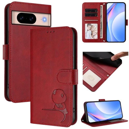 Funda de cuero con relieve RFID y cordón para Google Pixel 8a (rojo vino)