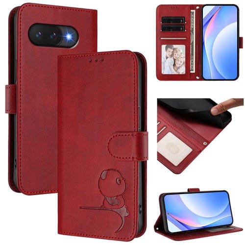 Funda de cuero con estampado RFID y cordón para Google Pixel 9a (rojo vino)