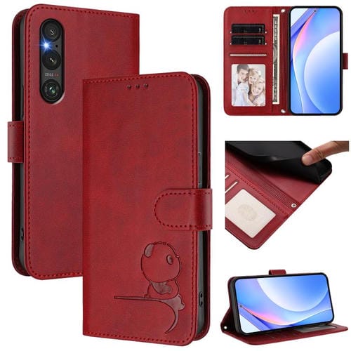 Funda de cuero RFID con estampado de panda y cordón para Sony Xperia 1 V (rojo vino)