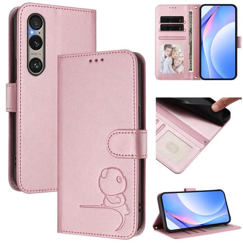 Funda de cuero con relieve RFID y cordón para Sony Xperia 1 VI (rosa)