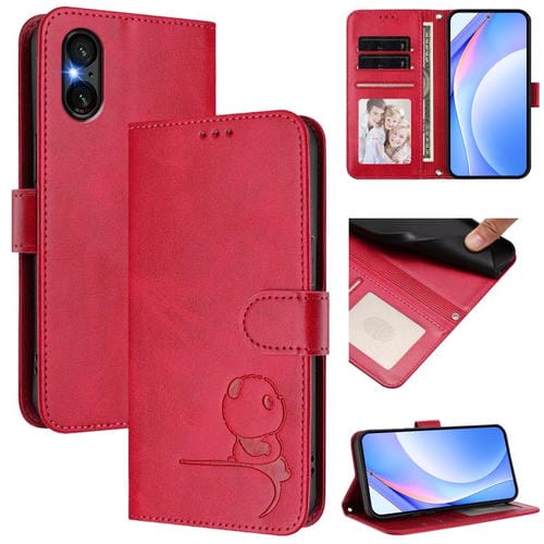 Funda de cuero RFID con relieve de panda para Sony Xperia 5 VI con cordón (rosa)