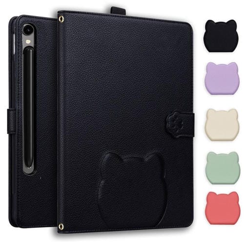 Funda de piel de lichi con tacto de gato para Samsung Galaxy Tab S10 FE+ (negra)