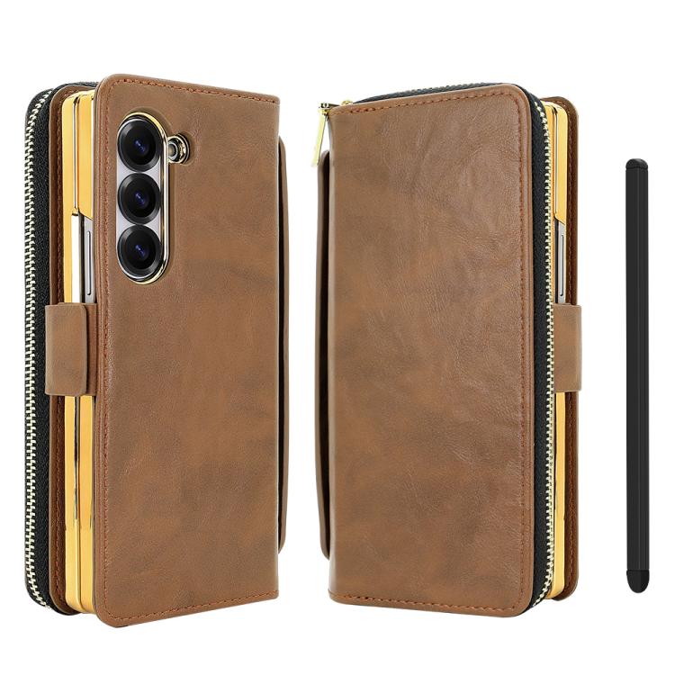 Funda de cuero con hebilla magnética y RFID para Samsung Galaxy Fold6 (marrón)