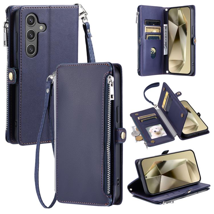 Funda de cuero con cremallera y ranura para mĂșltiples tarjetas para Samsung Galaxy S25 FE 5G (azul)