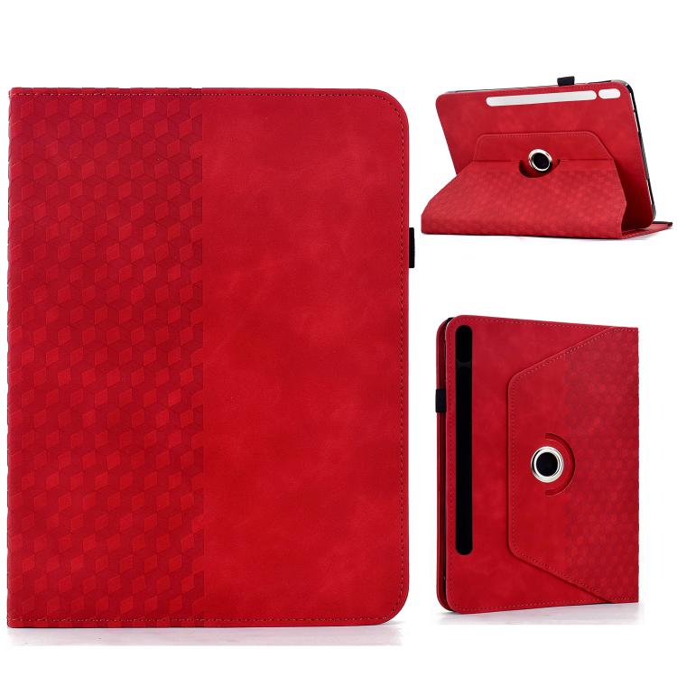 Funda de cuero inteligente con relieve de rombos giratoria para Samsung Galaxy Tab S10 FE/S9 (roja)