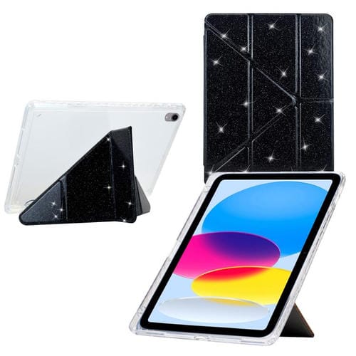 Funda de cuero inteligente con purpurina acrílica transparente plegable en Y para iPad 2025/2022 (negro)