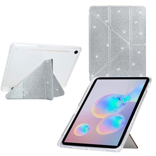 Funda plegable en Y de acrílico transparente con purpurina para Samsung Galaxy Tab S10 FE/S9 (plateada)
