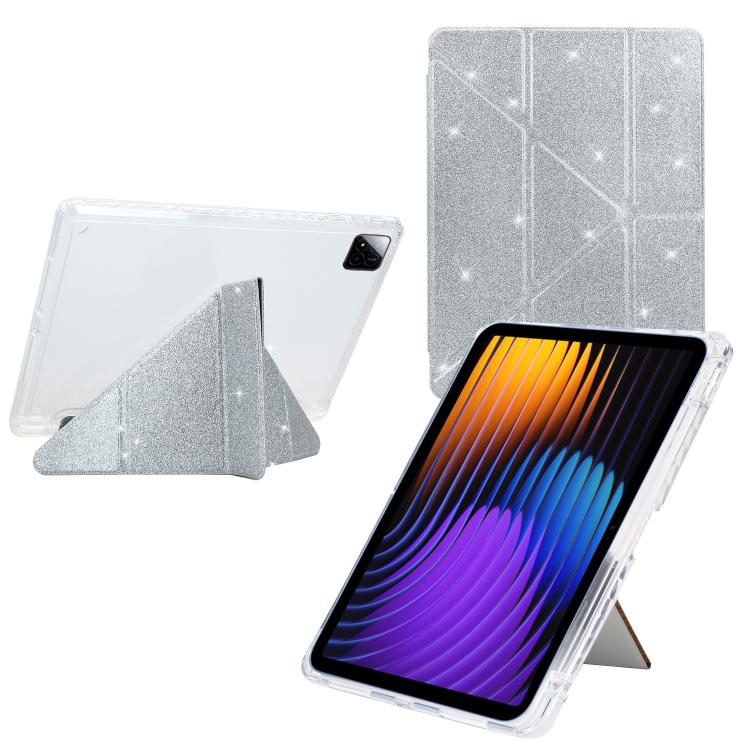 Funda plegable en Y de acrílico transparente con purpurina para Xiaomi Pad 7/7 Pro (plateada)