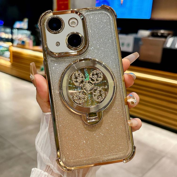 Funda con soporte giratorio para iPhone 15 Plus con purpurina degradada (dorada)