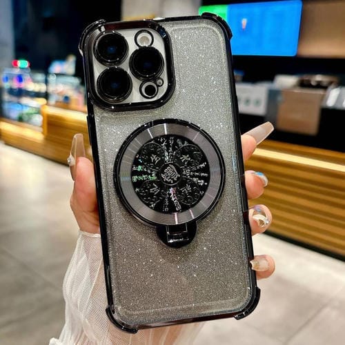 Funda con soporte giratorio para iPhone 15 Pro Max con purpurina degradada (negra)