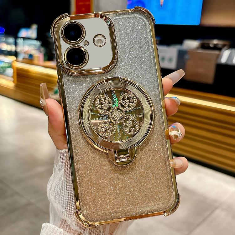 Funda con soporte giratorio para iPhone 16 con purpurina degradada (dorada)