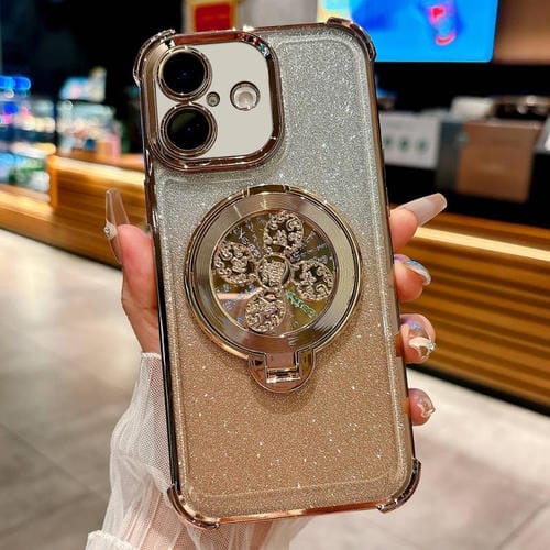 Funda con soporte giratorio para iPhone 16 con purpurina degradada (dorado desierto)