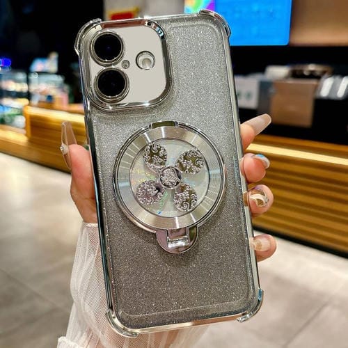 Funda con soporte giratorio para iPhone 16 Plus con purpurina degradada (plateada)