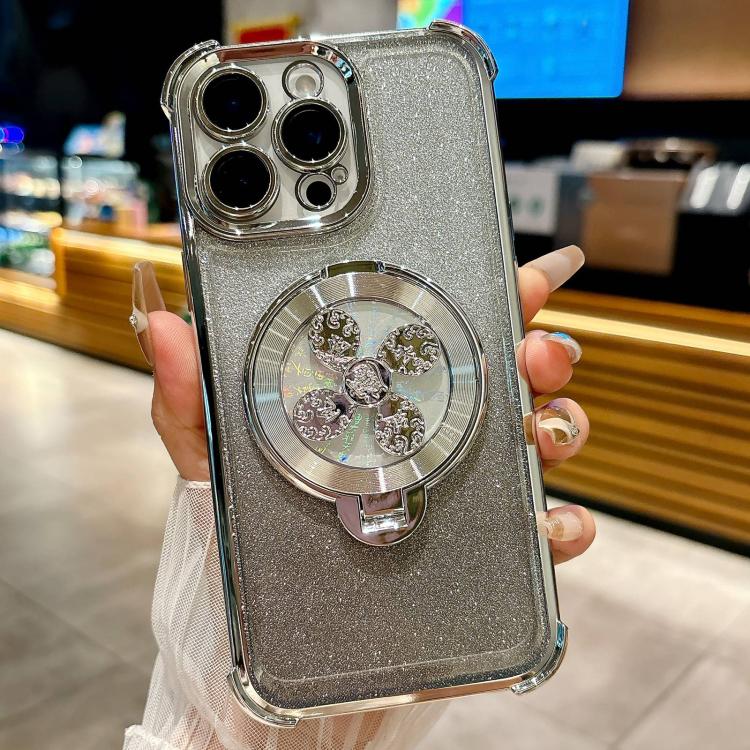 Funda con soporte giratorio para iPhone 16 Pro con purpurina degradada (plateada)