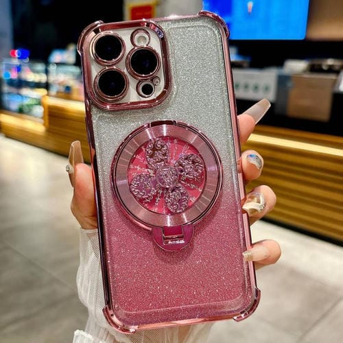 Funda con soporte giratorio para iPhone 16 Pro Max con purpurina degradada (rosa)