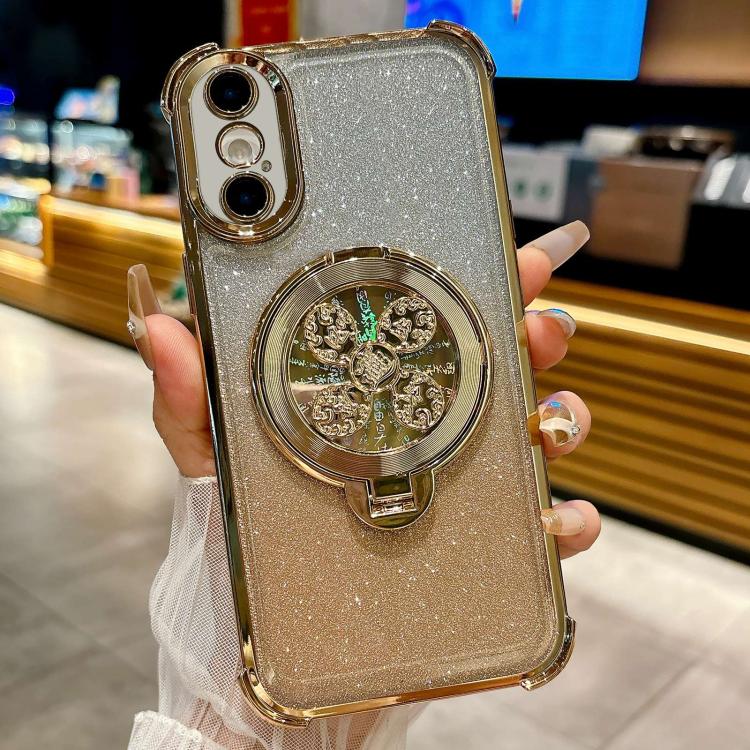Funda con soporte giratorio con purpurina degradada para iPhone XS/X (dorada)