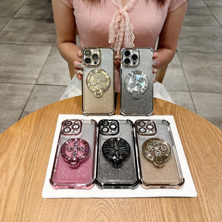 Funda con soporte giratorio para iPhone 16e con purpurina degradada (plateada)