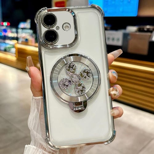 Funda para iPhone 16 con soporte para peonza (plateada)