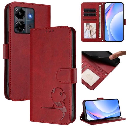 Funda de cuero RFID con estampado de panda y cordón para Redmi 13C 4G / 5G / Poco C65 (rojo vino)