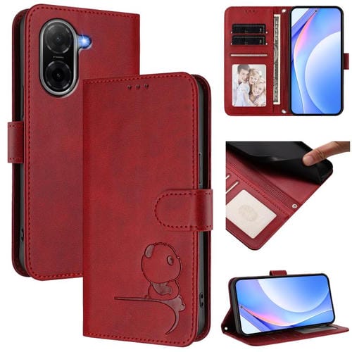 Funda de cuero RFID con relieve de panda para Redmi A5 4G (171,7 mm) y Poco C71 (rojo vino)