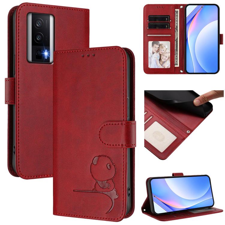 Funda de cuero RFID con estampado de panda y cordón para Redmi K60 / K60 Pro / Poco F5 Pro (rojo vino)
