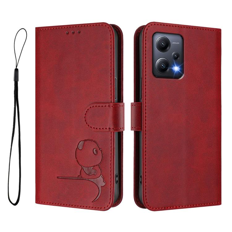 Funda de cuero RFID con estampado de panda y cordón para Redmi Note 12 5G Global/India (rojo vino)