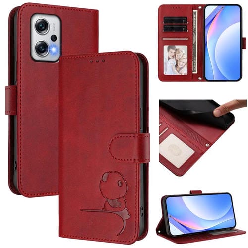 Funda de cuero RFID con estampado de panda y cordón para Redmi Note 12T Pro / Poco X4 GT (rojo vino)