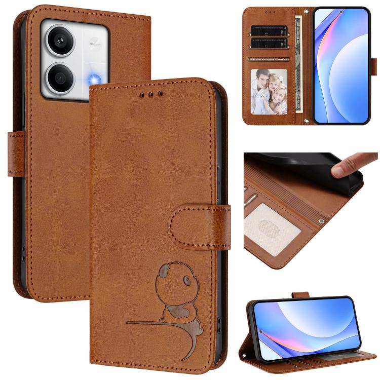 Funda de cuero con relieve RFID y cordón para Redmi Note 13 5G (marrón)