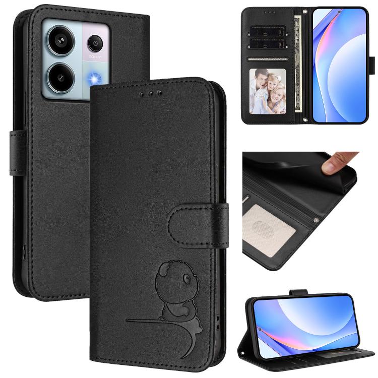 Funda de cuero RFID con estampado de panda y cordón para Redmi Note 13 Pro 5G / Poco X6 (negra)
