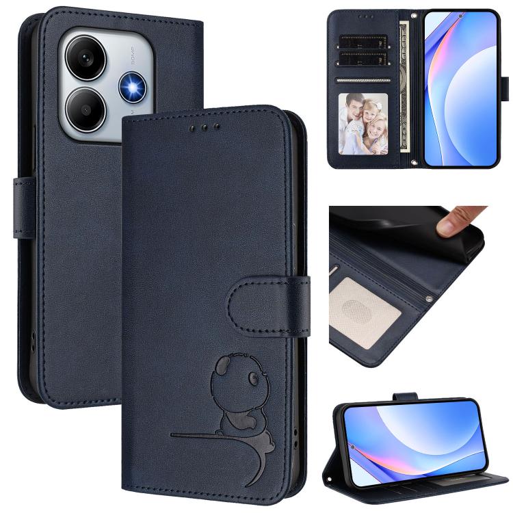 Funda de cuero RFID con estampado de panda y cordón para Redmi Note 14 5G Global/India (azul)