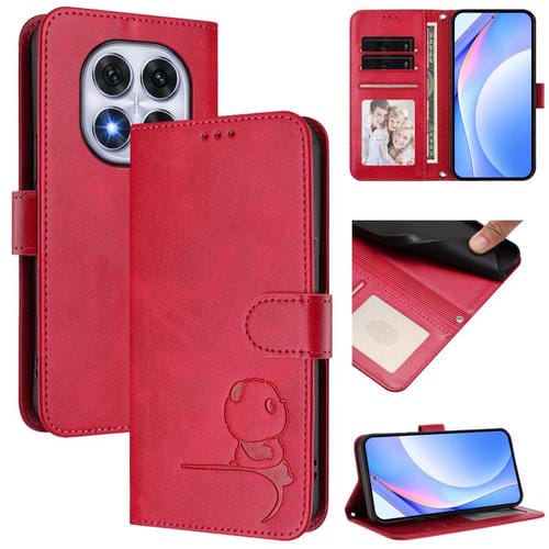 Funda de cuero RFID con estampado de panda y cordón para Redmi Note 14 Pro 5G / 14 Pro+ 5G (rosa)