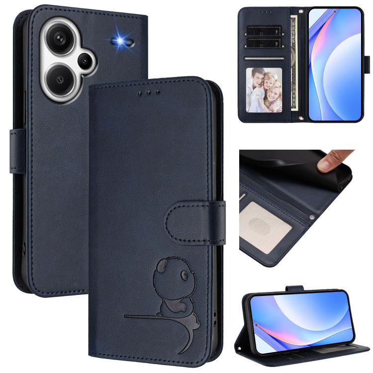 Funda de cuero RFID con estampado de panda y cordón para Redmi Note 13 Pro+ 5G (azul)