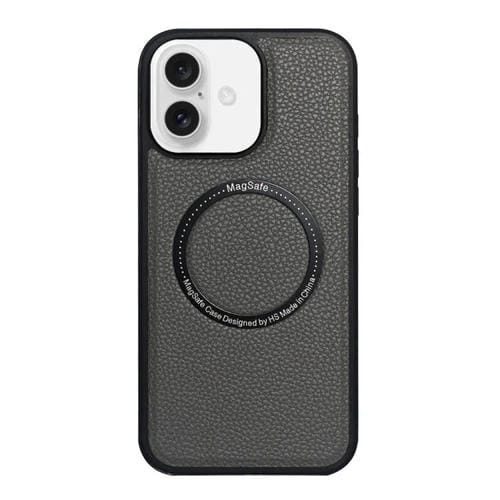 Funda trasera MagSafe de PU con textura de lichi para iPhone 16 (gris)
