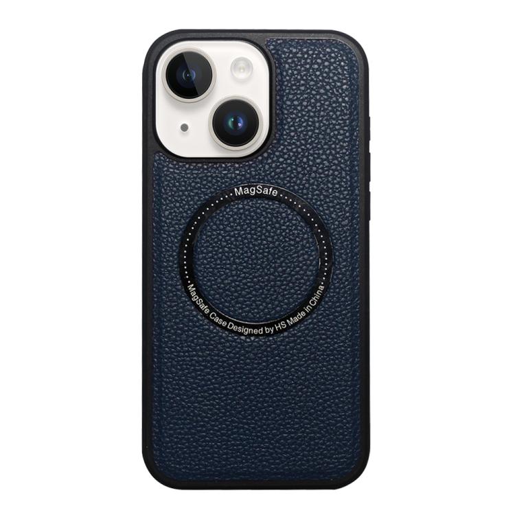 Funda trasera MagSafe de PU con textura de lichi para iPhone 15 (azul)