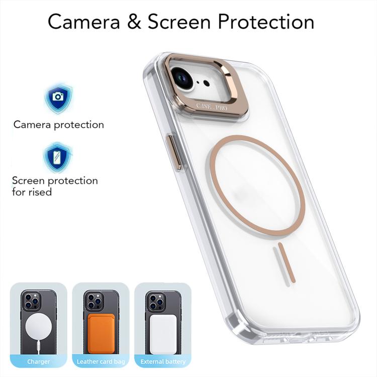 Funda para iPhone 16e con marco de lente MagSafe transparente y brillante (naranja)